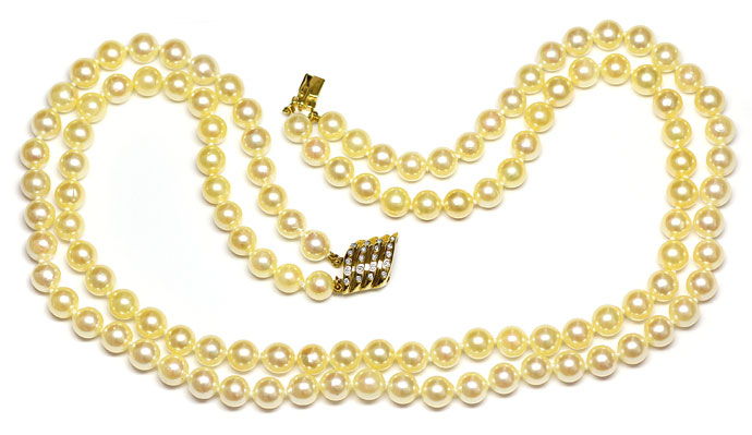 Foto 1 - 2reihige goldfarbige Akoya Perlenkette Diamanten Schloß, R9094