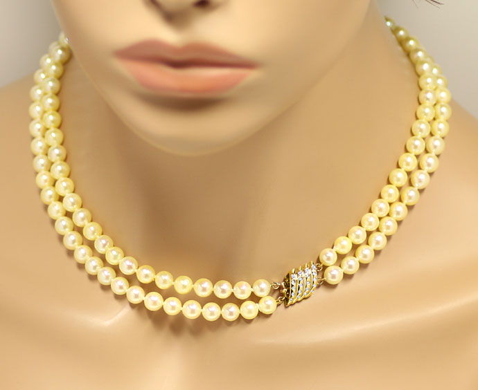 Foto 4 - 2reihige goldfarbige Akoya Perlenkette Diamanten Schloß, R9094