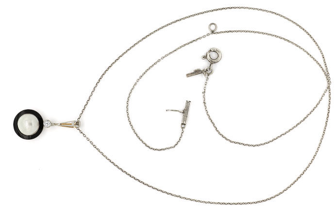 Foto 1 - Antikes Collier mit Diamant Onyx Perl Anhänger an Kette, S9805
